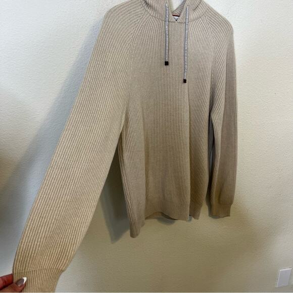 Brunello Cucinelli Ribbed Knitted Drawstring Hoodie Light Beige Mens Size XXXL - Picture 6 of 14
